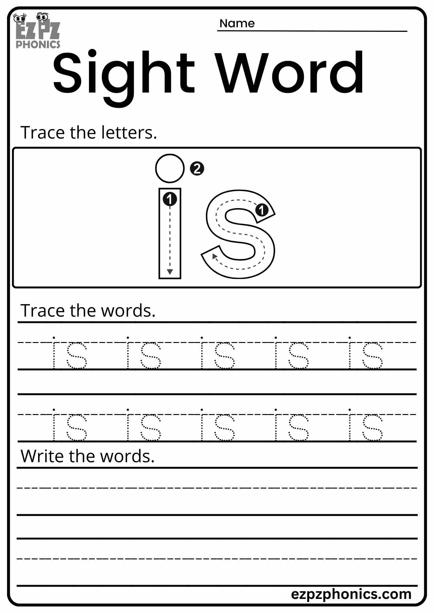Dolch Sight Word "is" Activity for Early Learners PDF Download Set 2